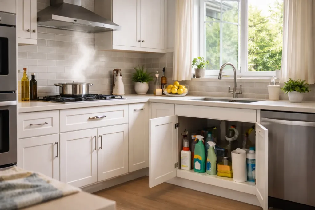 Residential kitchen showing cooking and cleaning product emissions