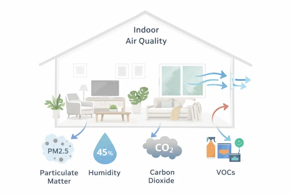 Diagram showing humidity, pollutants, airflow and VOC sources in home