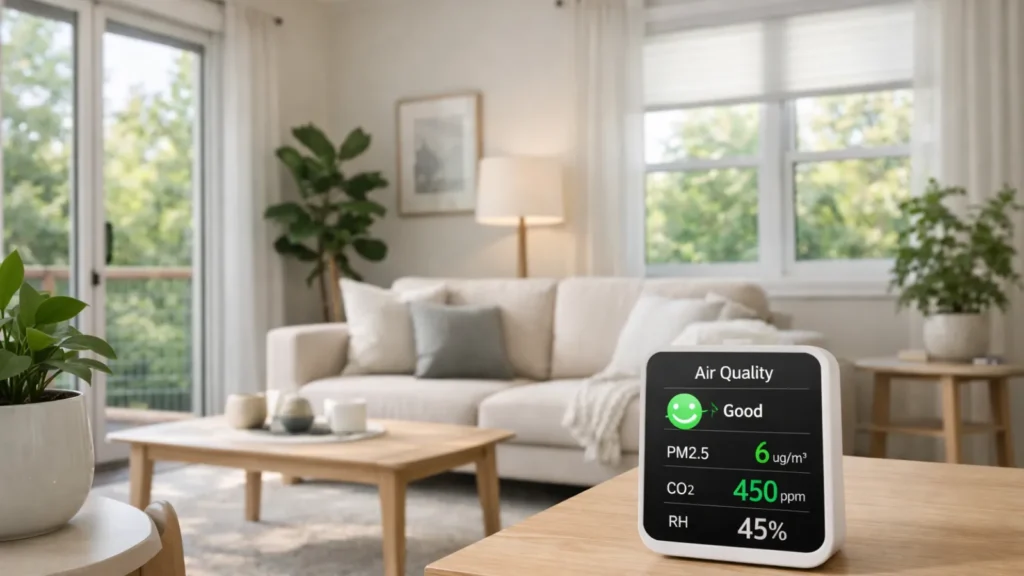 Modern U.S. living room with natural daylight, indoor plants, open window ventilation, and an air quality monitor displaying good air quality levels