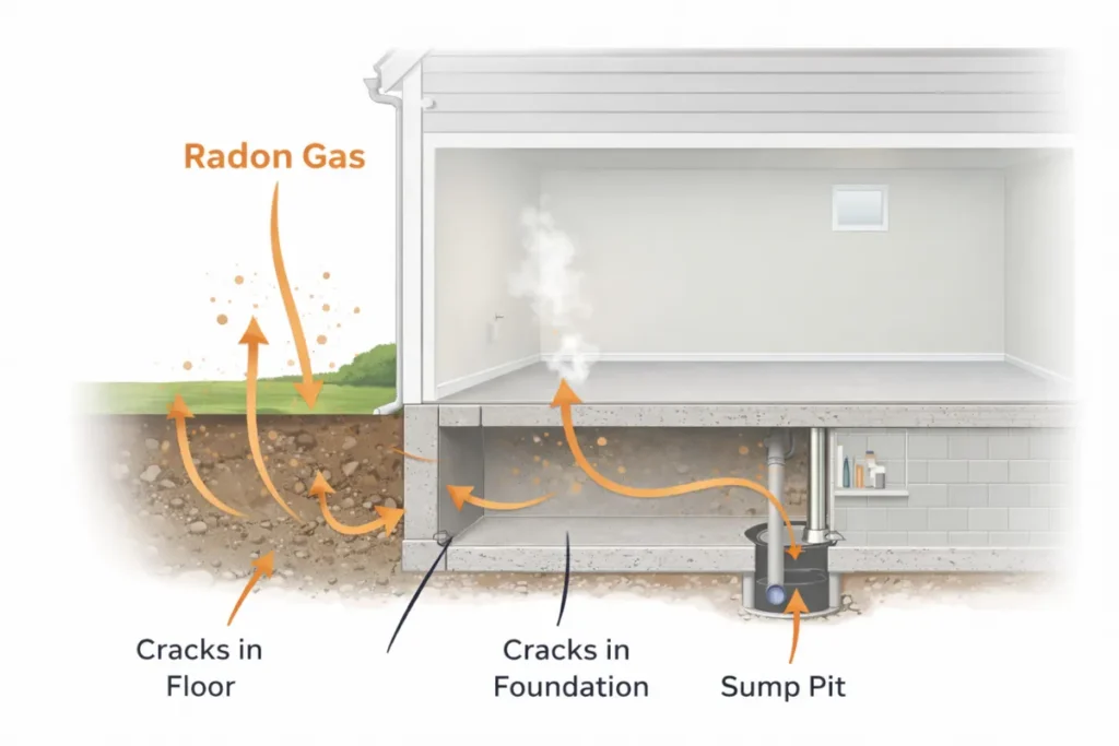 Cross-section of house foundation showing radon gas entry from soil