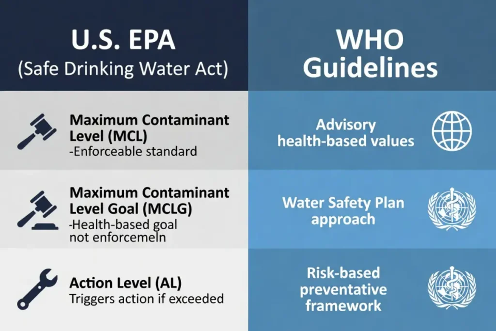 Infographic comparing EPA drinking water regulations including MCL and MCLG with WHO guideline values and Water Safety Plan approach.