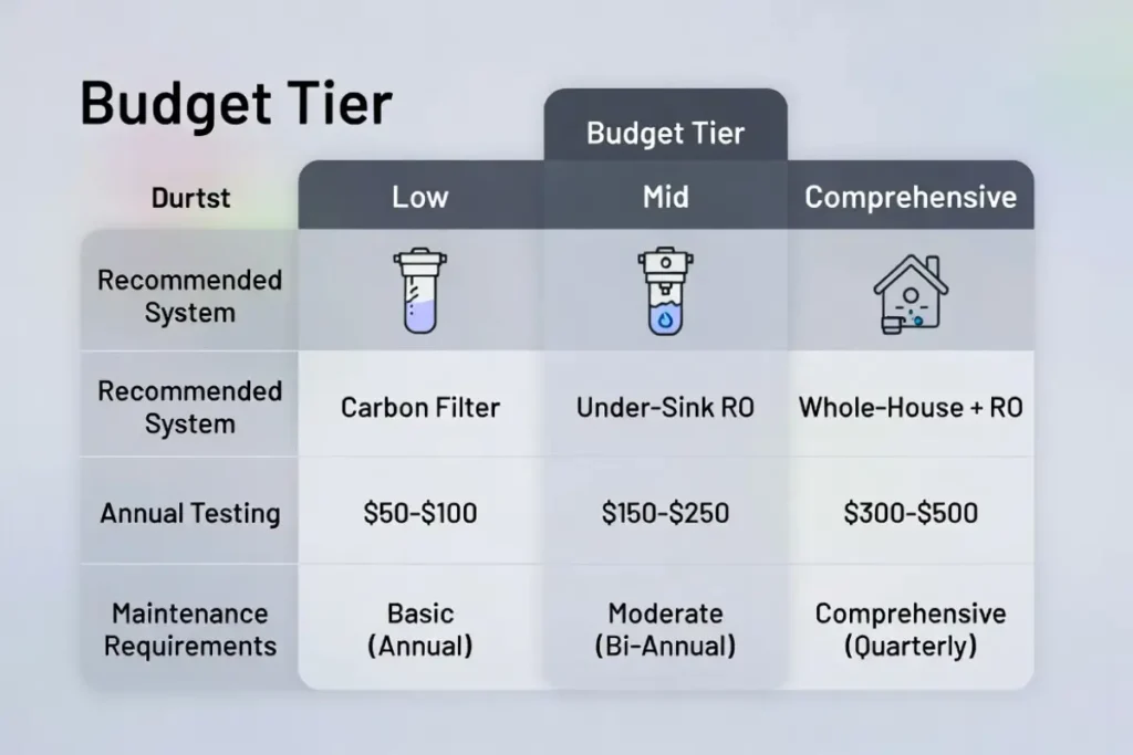 Infographic chart comparing low, mid, and comprehensive home water treatment strategies including system type, testing frequency, and maintenance.