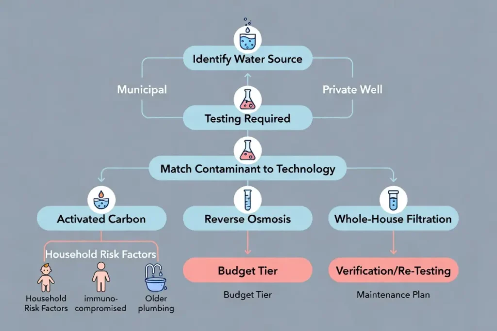 Flowchart illustrating step-by-step framework for selecting water treatment systems based on source, contaminants, household risks, budget, and maintenance.
