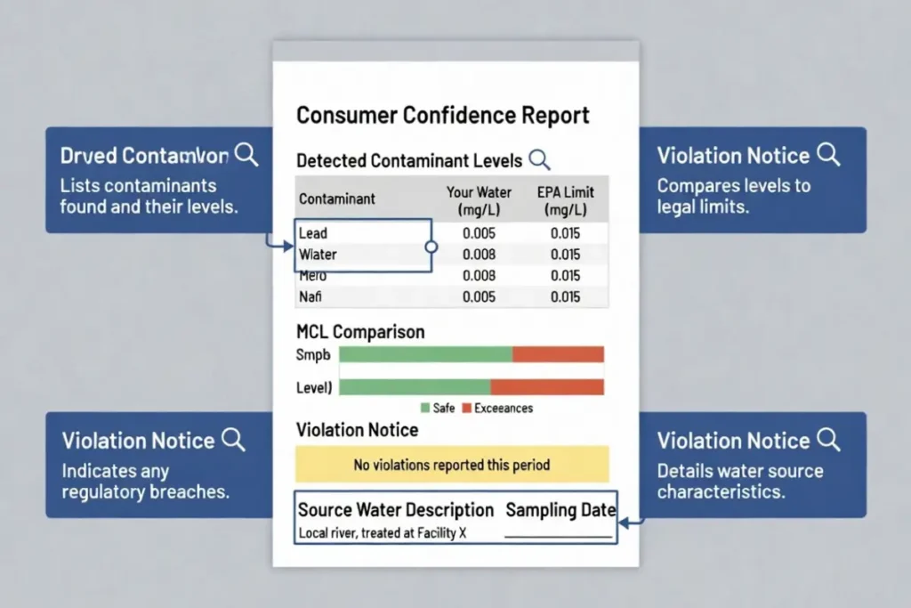 Infographic highlighting key sections of a municipal water quality report including contaminant levels and MCL comparisons.