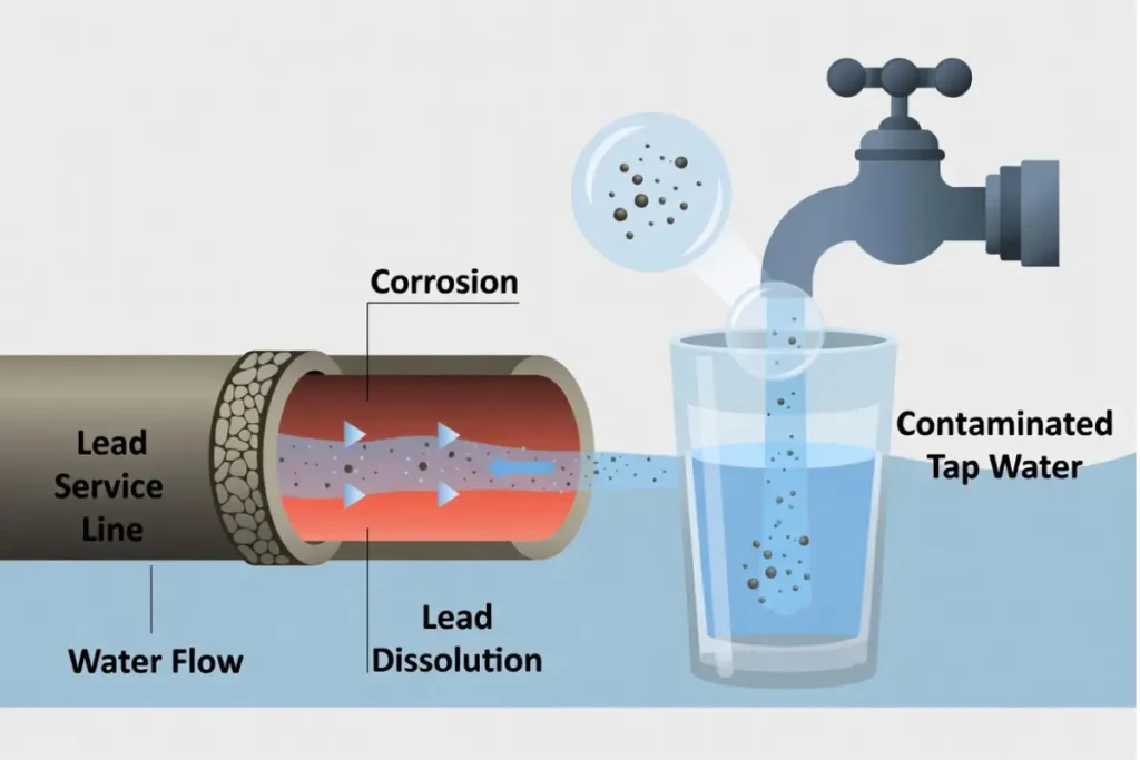 Cross-sectional diagram showing lead leaching from a corroded pipe into household drinking water and flowing to a faucet.