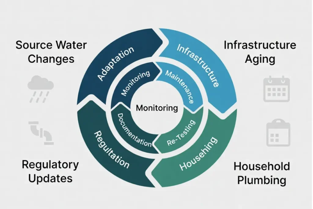 Circular infographic showing evolving water quality risks including infrastructure aging, climate factors, monitoring, and maintenance cycles.