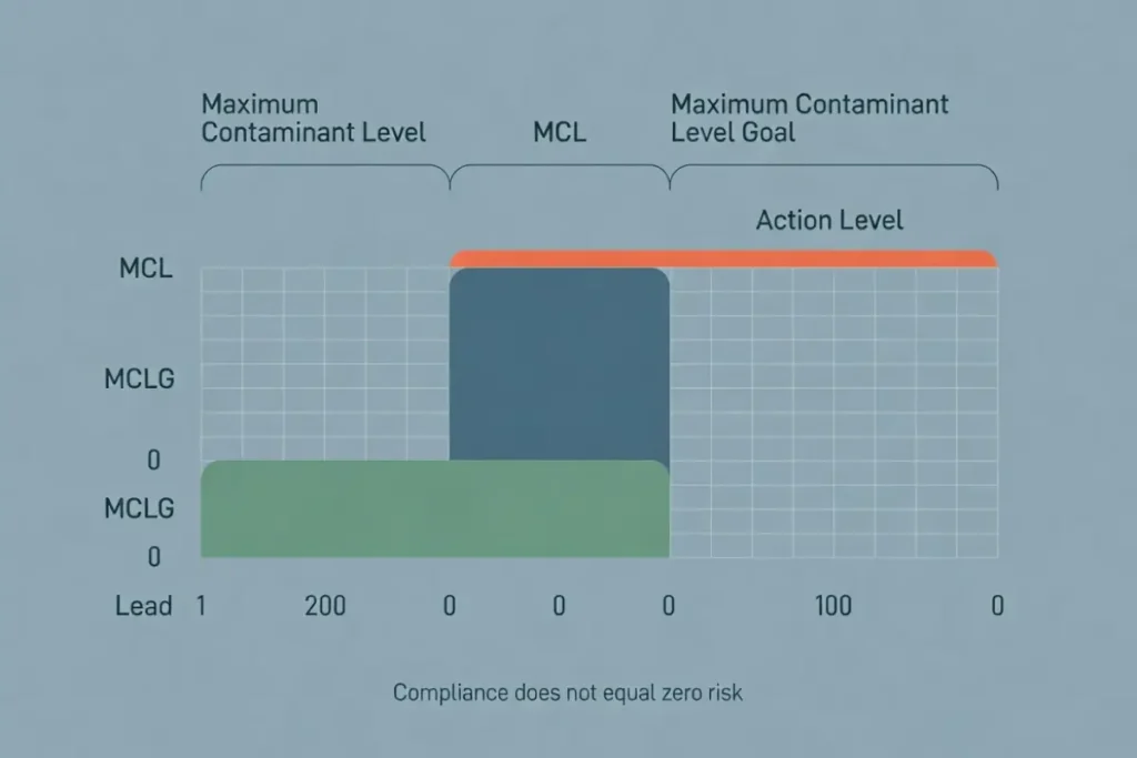 Diagram showing the difference between Maximum Contaminant Level Goal, enforceable MCL, and Action Level thresholds in drinking water regulation.