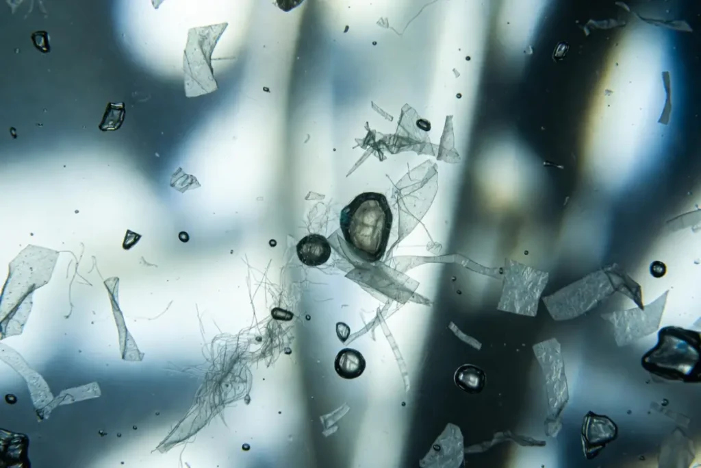 Microscopic conceptual image showing microplastic fragments, fibers, and beads suspended in drinking water.