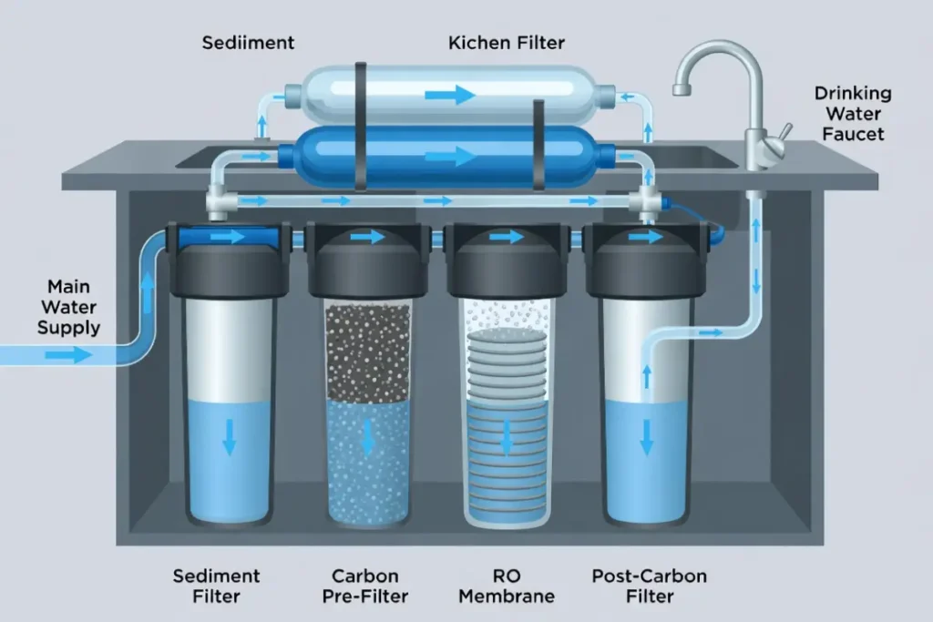 Labeled diagram of an under-sink RO system showing sediment filter, carbon filters, RO membrane, and faucet connection.