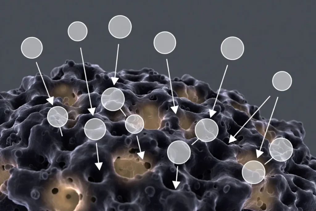 activated carbon adsorption illustration contaminant molecules pores
