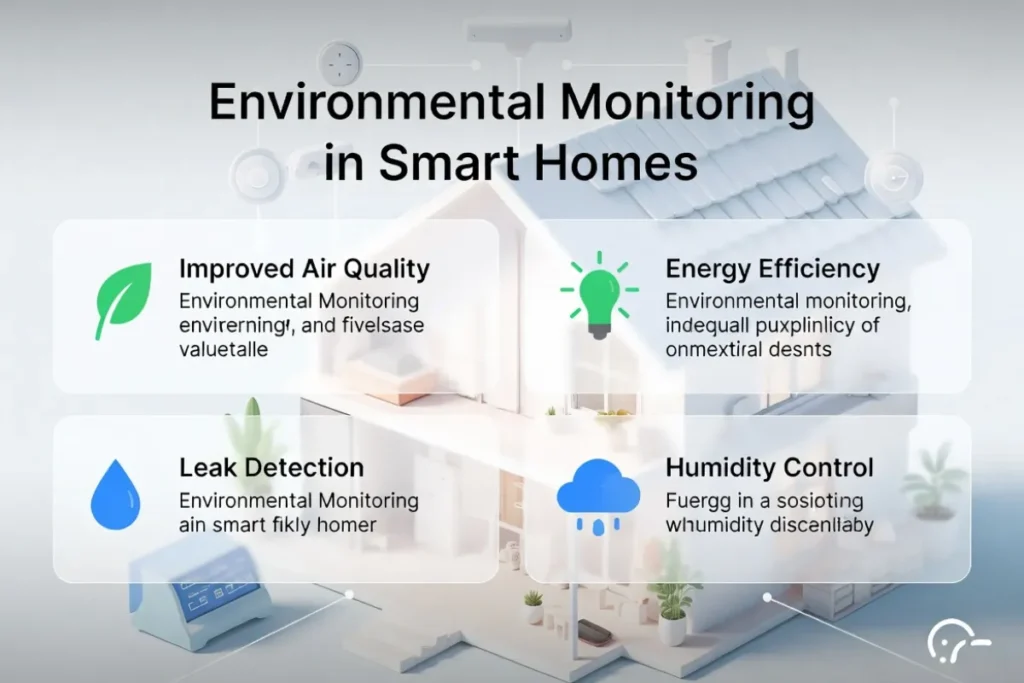 Infographic showing advantages of smart home environmental monitoring including air quality, energy savings, and hazard detection.