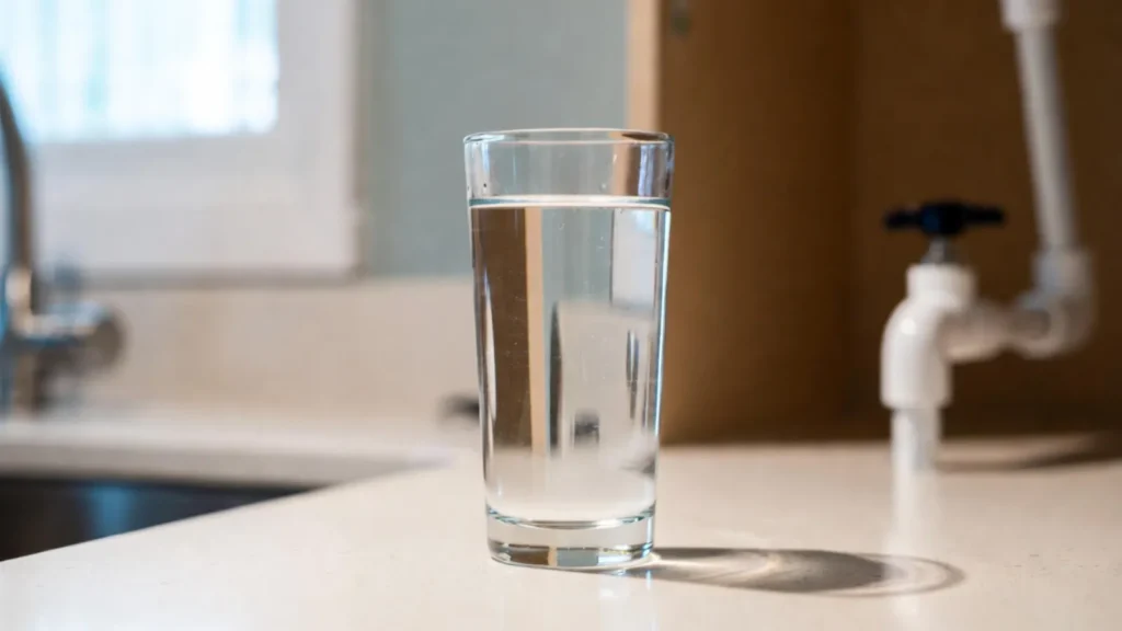 Glass of clean drinking water with home filtration system in modern kitchen