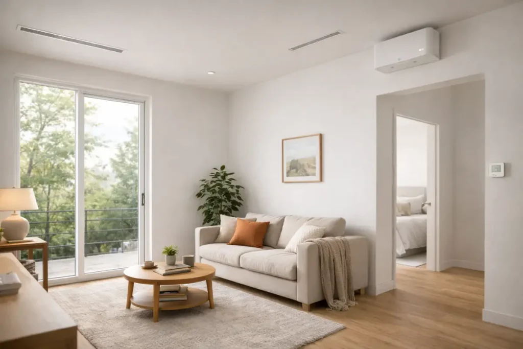 Modern energy-efficient home interior with ventilation system