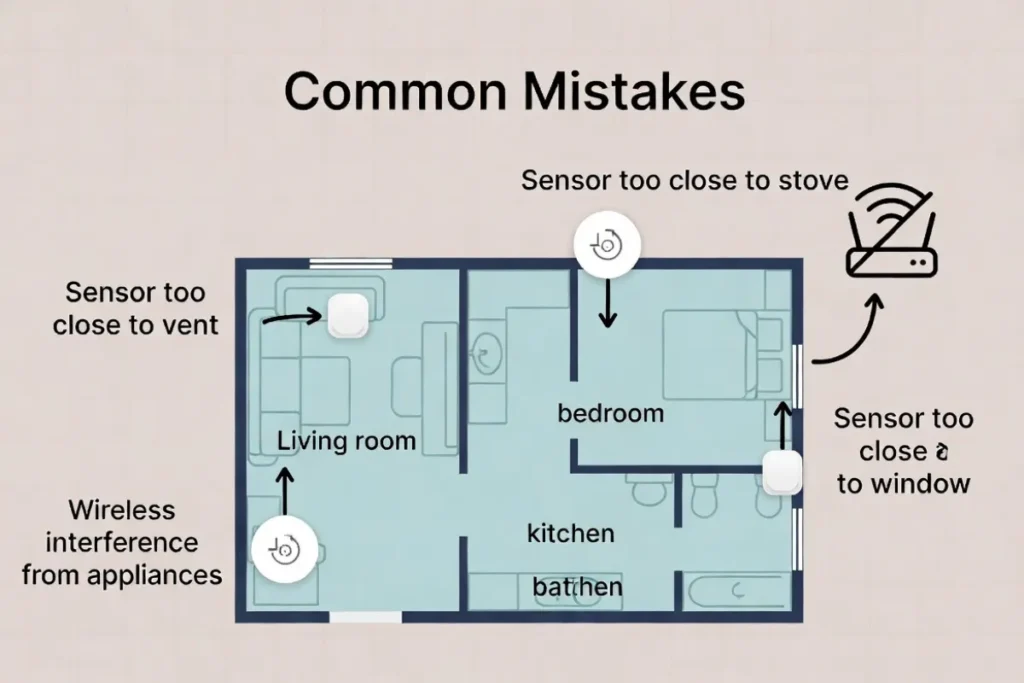 Diagram illustrating incorrect placement of smart home environmental sensors.