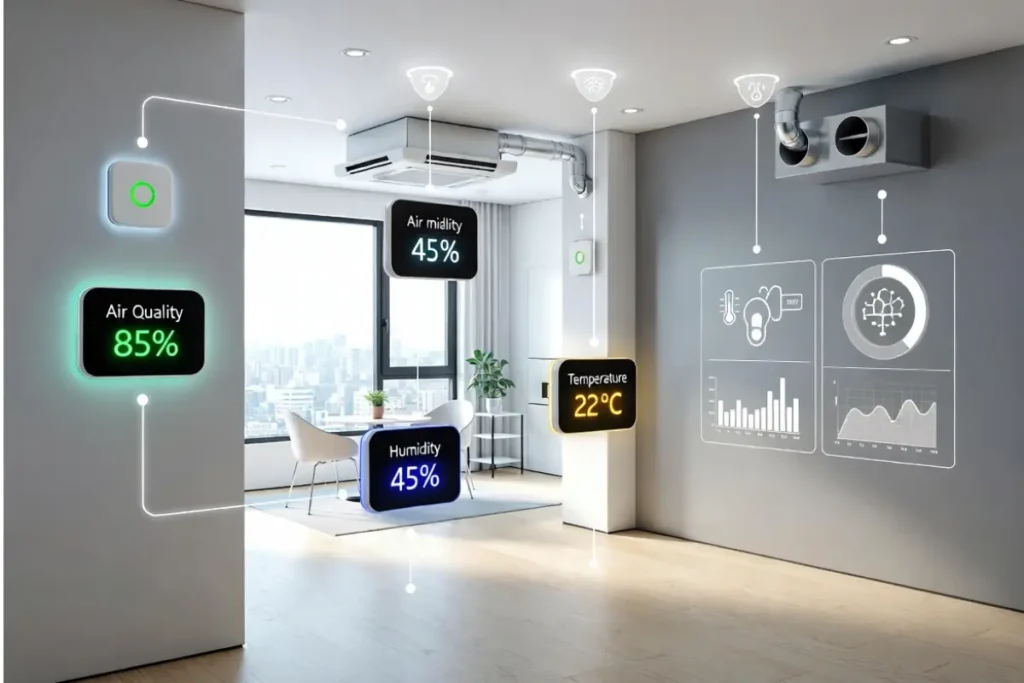 Smart home with connected environmental sensors and automated air quality control.