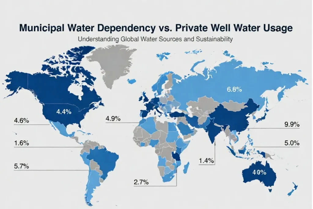 Global map showing municipal and well water dependency