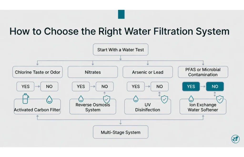 Decision flowchart infographic showing how to select between activated carbon filtration, reverse osmosis, UV disinfection, or multi-stage systems based on water test results for contaminants like chlorine, nitrates, heavy metals, PFAS, microbes, and hardness.