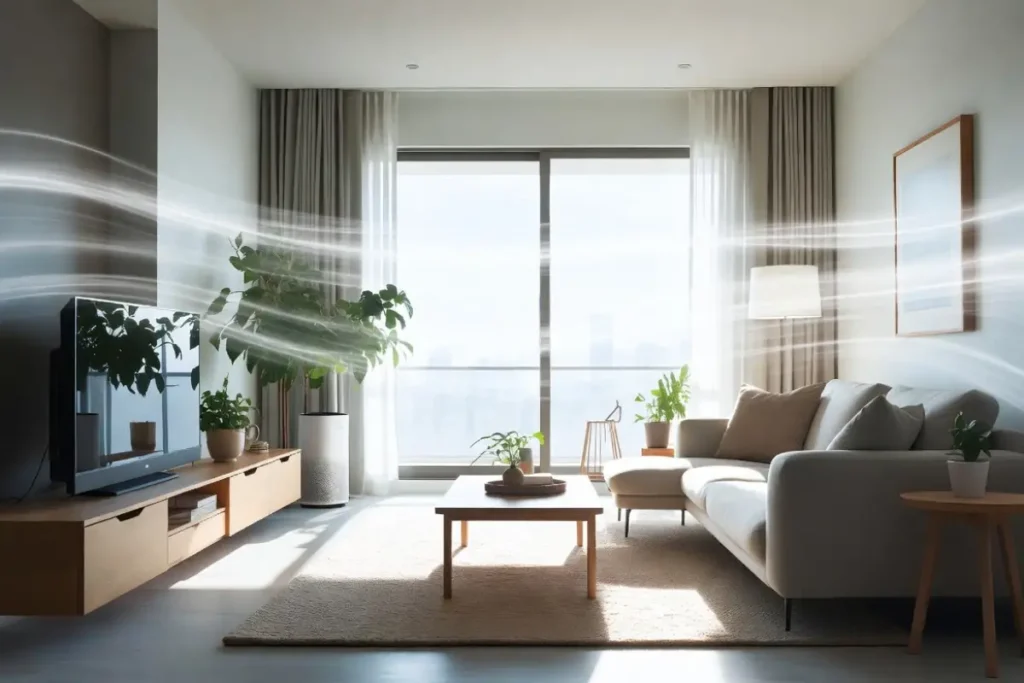 Indoor air quality improvement setup showing airflow, air purifier, and clean living space