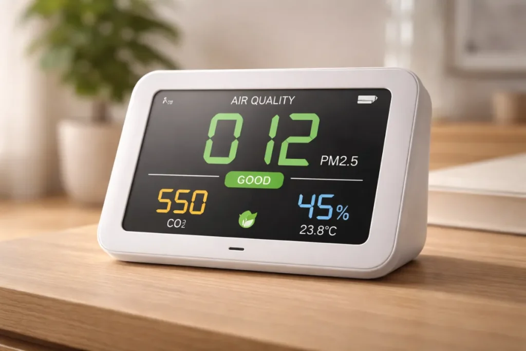 Air quality monitor showing PM2.5 and humidity readings