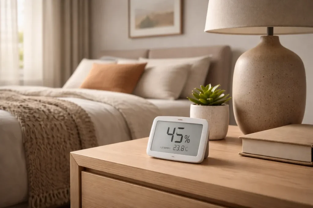Digital humidity monitor showing 45 percent relative humidity