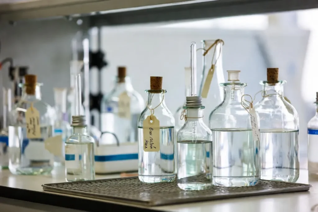 Assorted glass bottles with cork stoppers and tags containing clear water samples on a laboratory shelf, ready for environmental quality analysis and testing.