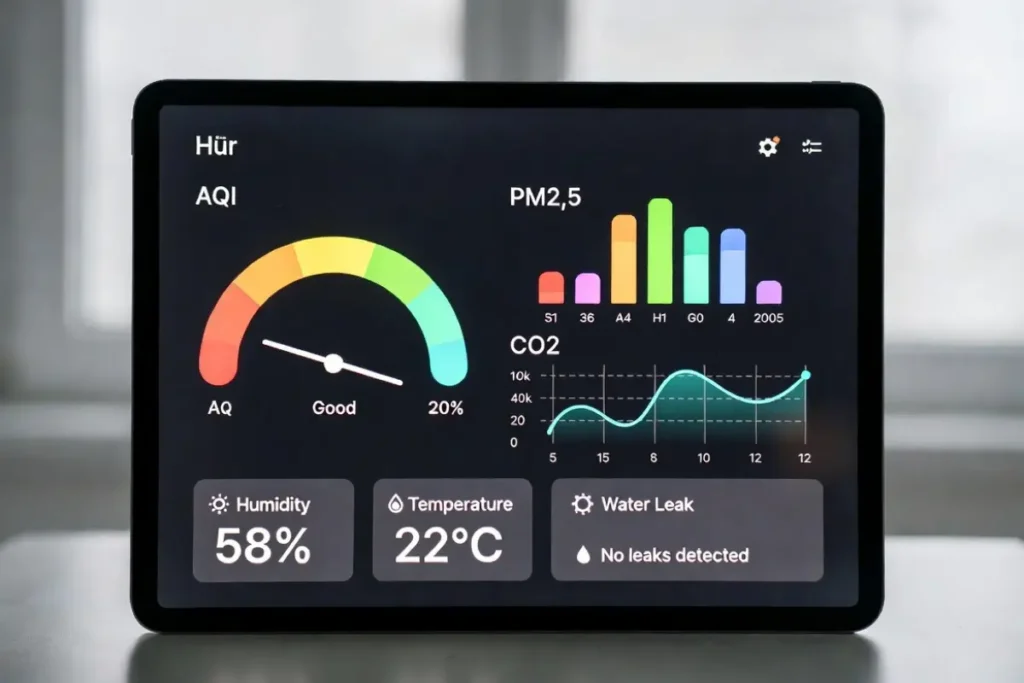 Tablet screen displaying smart home environmental monitoring metrics like air quality and humidity.
