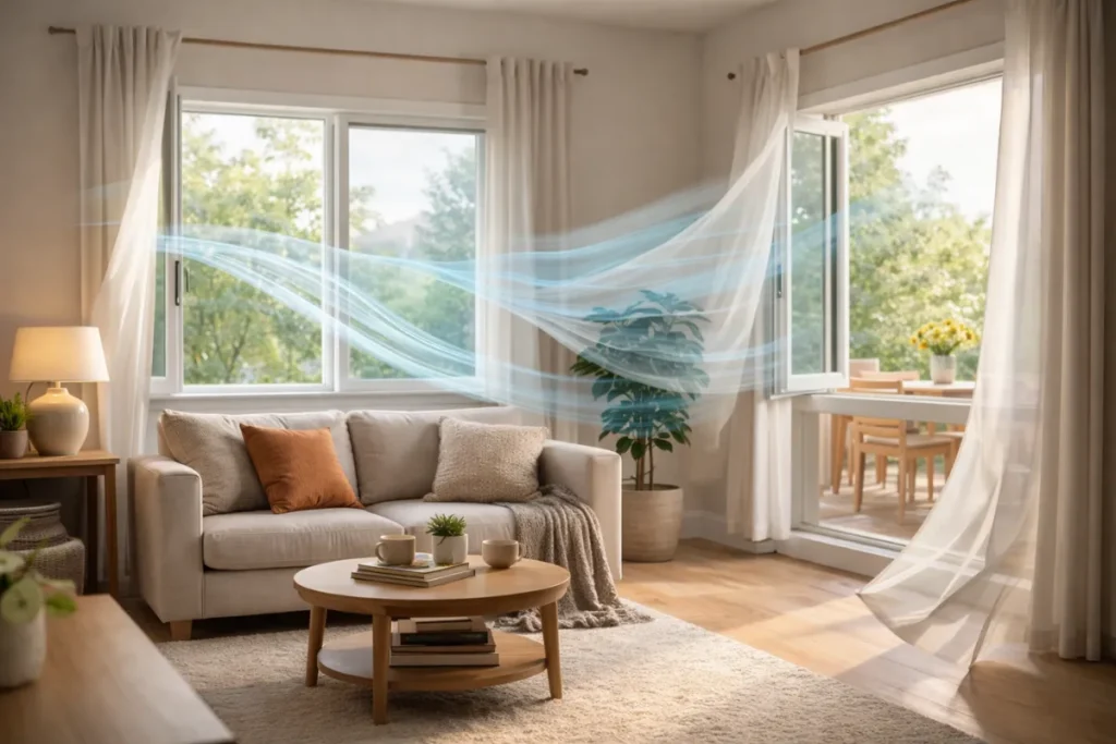 Open windows creating cross ventilation airflow