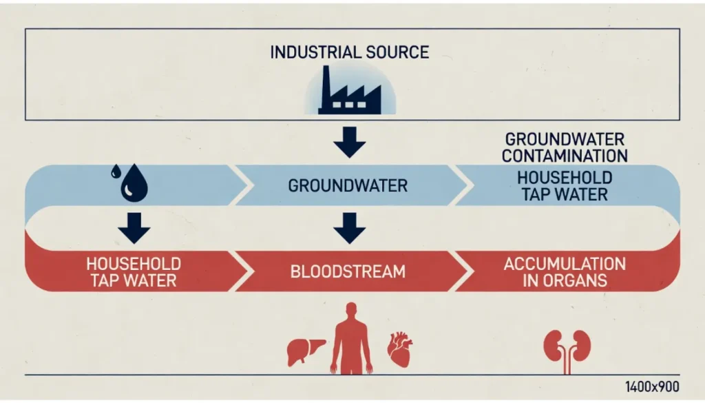 Infographic illustrating the PFAS contamination pathway: from industrial sources to groundwater, household tap water, and eventual accumulation in the human bloodstream and organs.