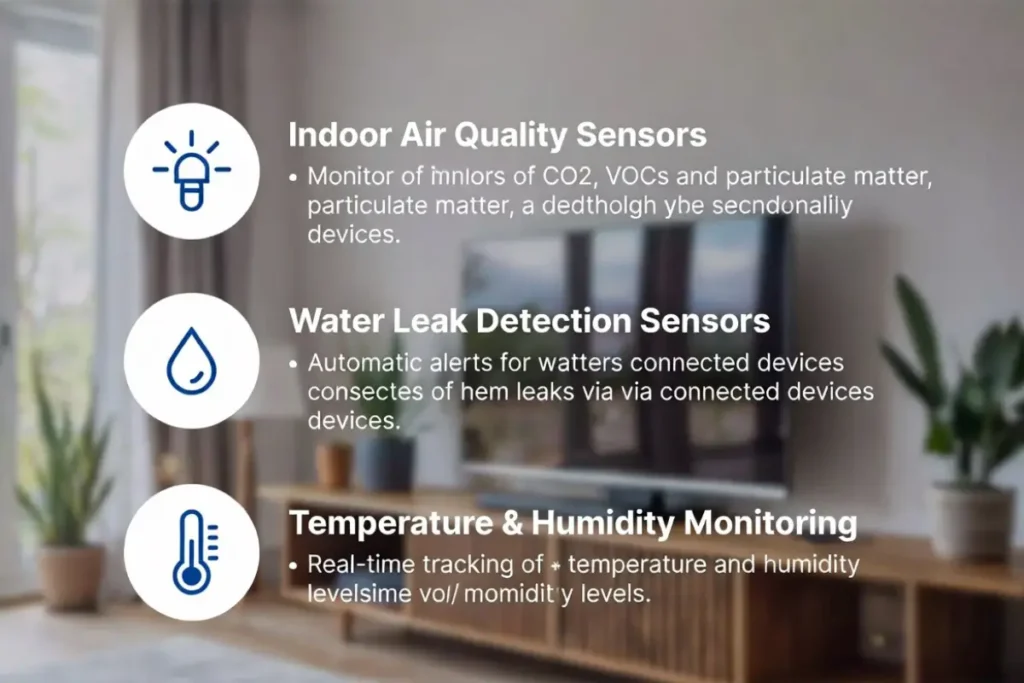 Smart home environmental monitoring infographic showing indoor air quality sensors, water leak detection, and temperature and humidity monitoring inside a residential house.