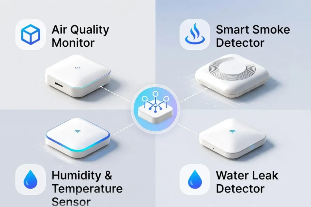 Infographic displaying smart home environmental monitoring devices including air quality monitors and leak sensors.