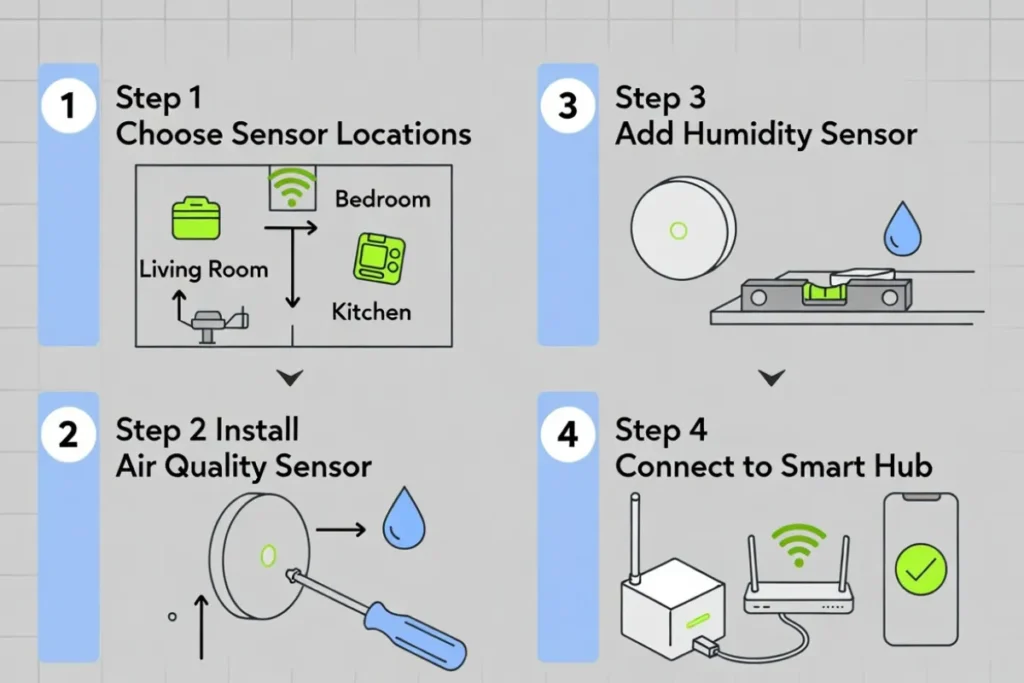 Step-by-step infographic showing how to install smart home environmental monitoring sensors.