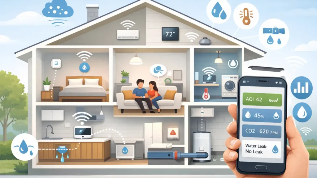 Smart home environmental monitoring system showing air quality, humidity, and water sensors