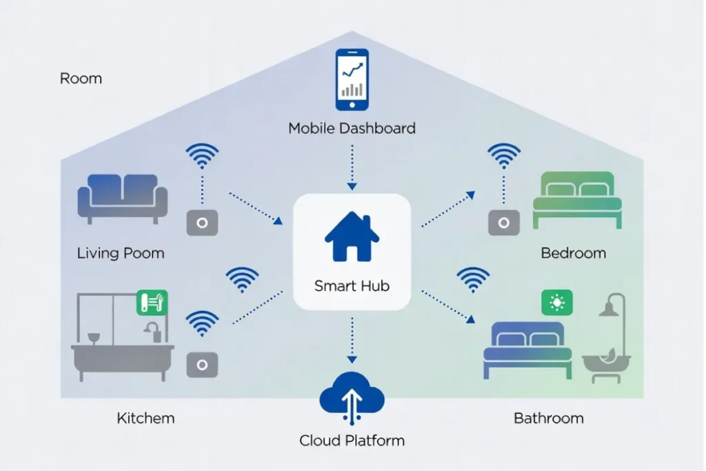 Diagram showing smart home sensors sending environmental data to a hub and cloud dashboard.
