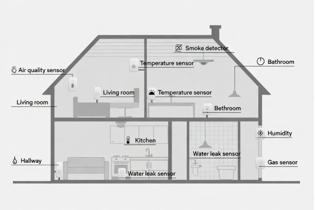 Diagram showing recommended placement of air quality, humidity, temperature, and leak sensors inside a house.