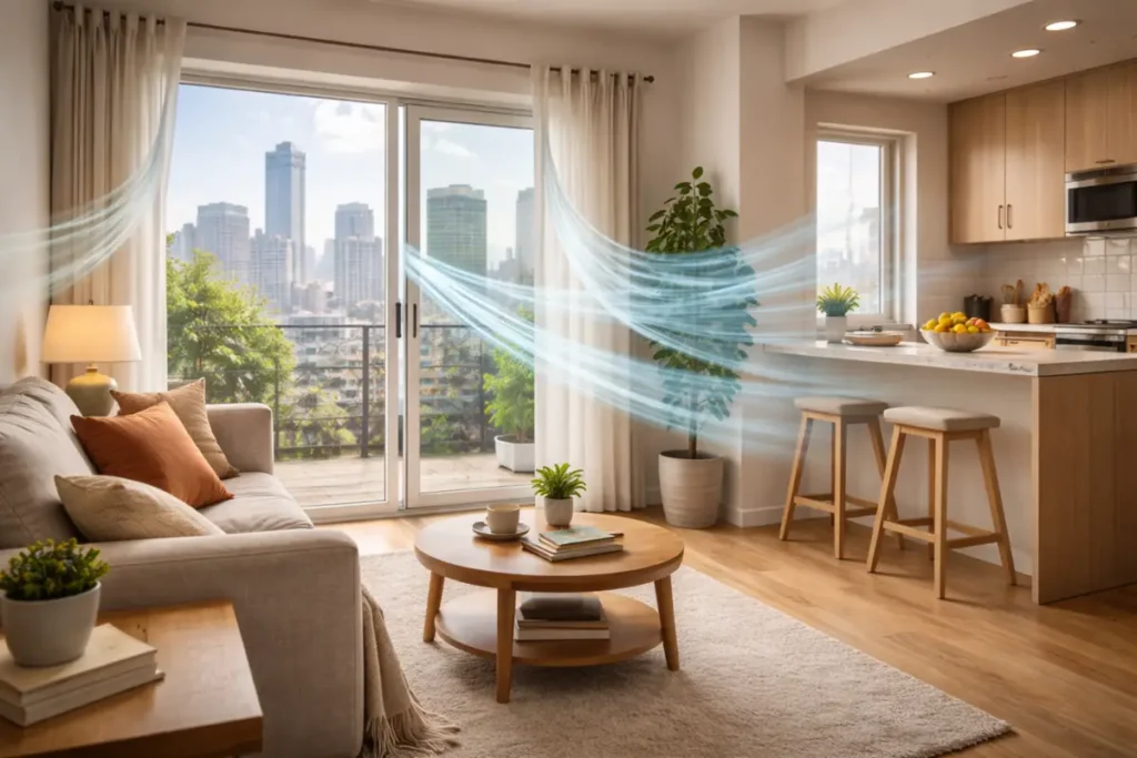 Modern apartment interior with city skyline visible