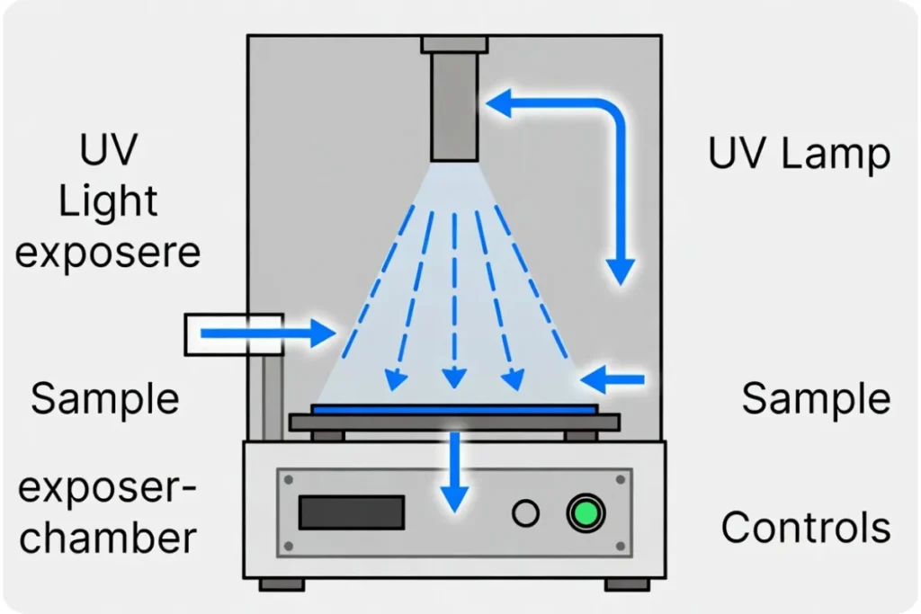 Diagram of UV disinfection chamber for drinking water treatment showing UV lamp, light exposure pathway with blue rays targeting sample platform, and controls for microbial inactivation and pathogen reduction per EPA guidelines.