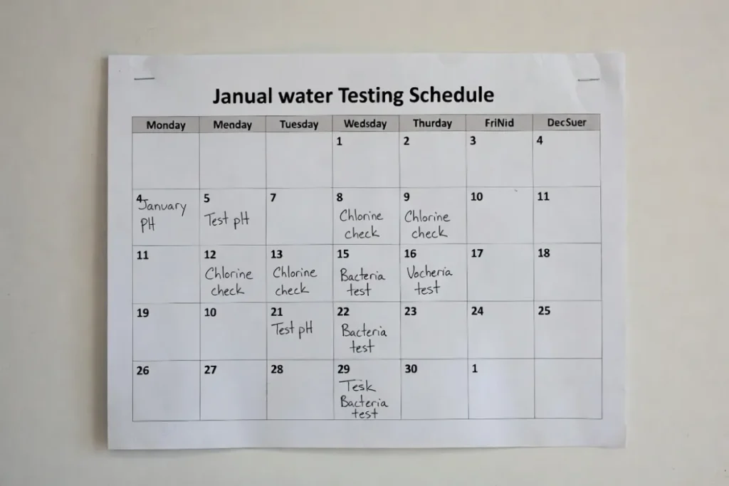 Annual water testing schedule calendar visual infographic showing monthly routine checks for pH, chlorine levels, bacteria, and other contaminants in drinking water quality monitoring and lab preparation.