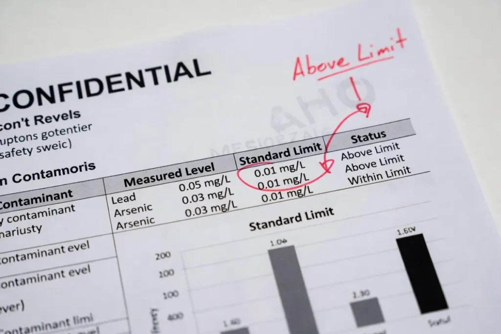Annotated water quality lab report highlighting elevated lead (0.03 mg/L) and arsenic (0.03–0.05 mg/L) levels exceeding WHO/EPA standards (0.01 mg/L), marked with red circles, FAIL annotations, and comparison bar chart for environmental contaminant analysis.