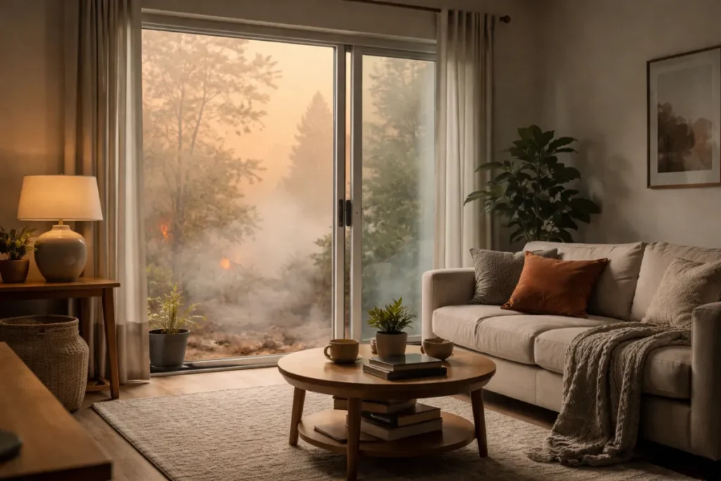 Wildfire smoke visible outside window influencing indoor air